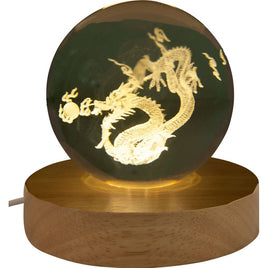Dragon Glass Crystal Ball - 3D Laser Engraved w/Wood LED Light