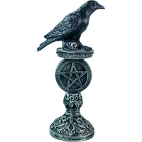 Polyresin Raven Figurine On Pentacle Pedestal Antique Silver