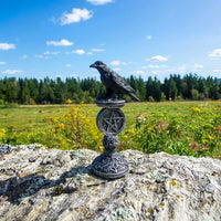 Polyresin Raven Figurine On Pentacle Pedestal Antique Silver