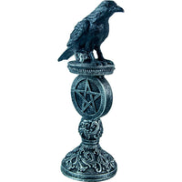 Polyresin Raven Figurine On Pentacle Pedestal Antique Silver