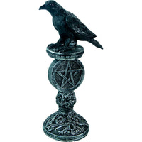 Polyresin Raven Figurine On Pentacle Pedestal Antique Silver